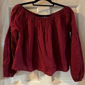 Stefanel Swiss Dot Off the Shoulder Long Sleeve Top in Merlot. Women’s Small